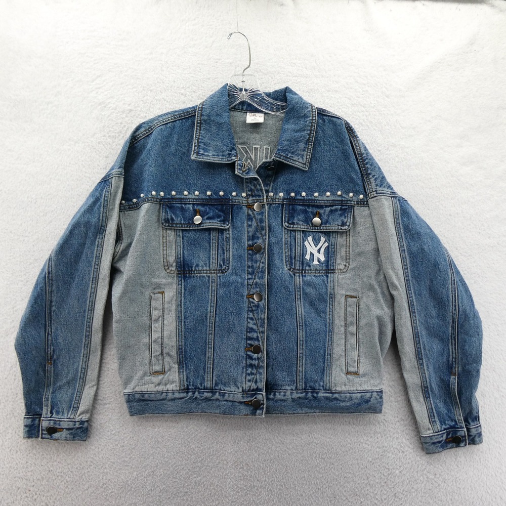 GIII Denim Jacket Womens Medium New York Yankees Blue Pearl Studded Vintage Y2K